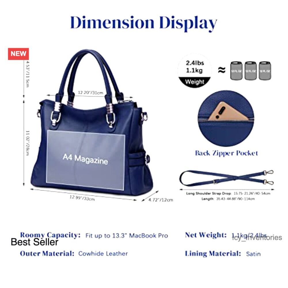 Genuine Leather Satchel Tote Crossbody Bag with Adjustable Strap - Picture 3 of 7